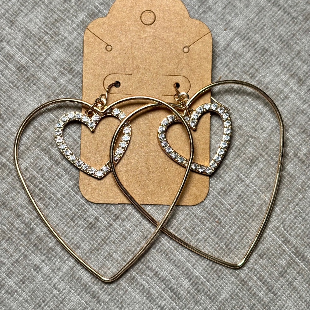 Gold Tone Double Heart Rhinestone Earrings
